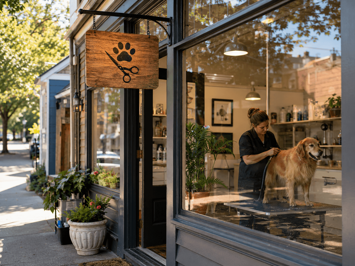 Dog grooming salon storefront with a hanging sign, representing dog grooming business name ideas