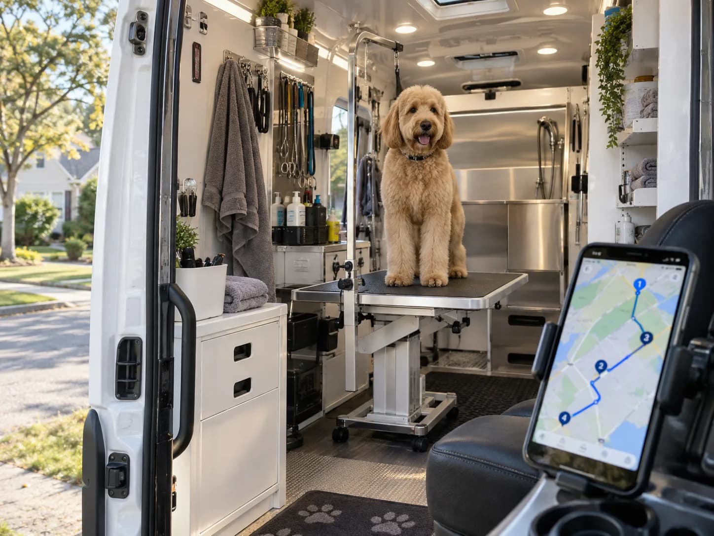 Mobile grooming van interior with a goldendoodle on the table and a phone showing a planned route with numbered stops